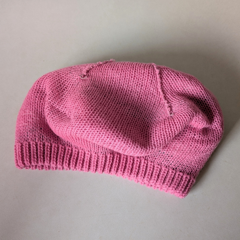 80s Vintage Knit Beret Fair Isle Winter Hat Pink White Flower Beanie Cap Tam - Picture 12 of 16
